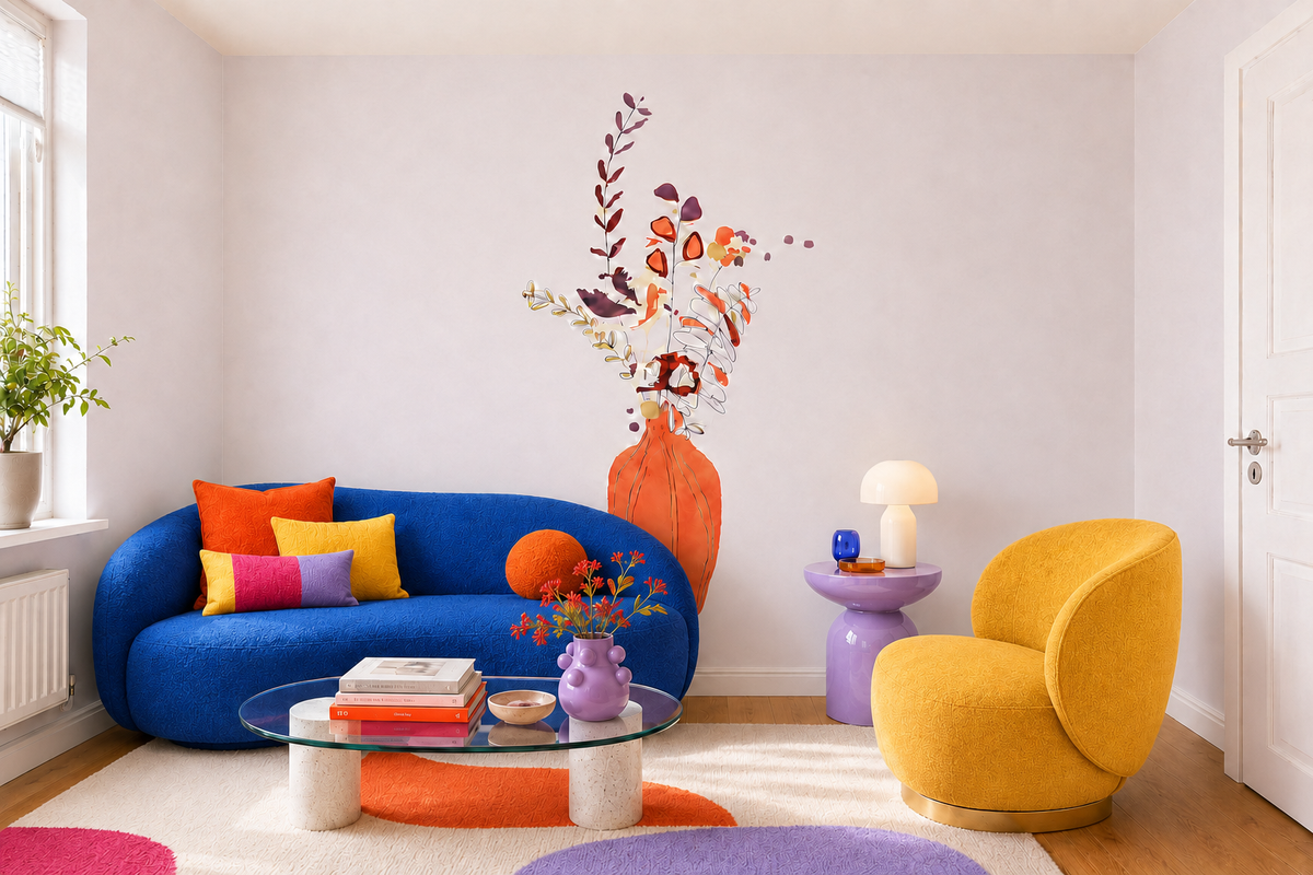 A bright, modern living room featuring a bold blue sofa with colorful pillows, a mustard yellow accent chair, a purple side table with a mushroom lamp, and a large orange floral wall decal on the wall.