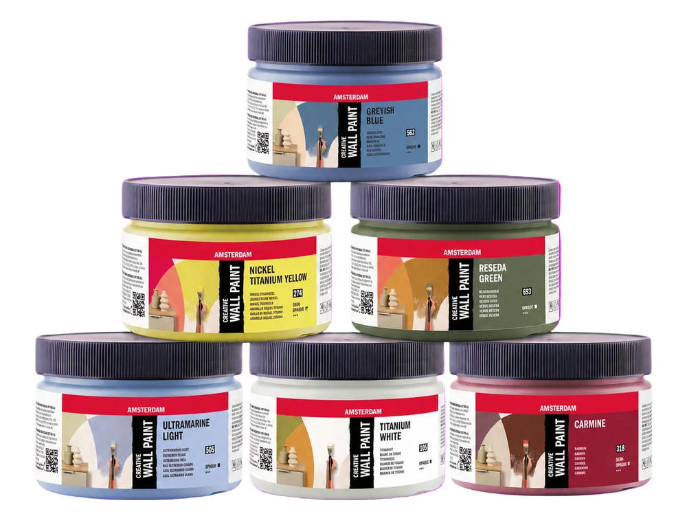 Six jars of Amsterdam Wall Paint in different colors, arranged in a pyramid stack against a solid bright pink background.