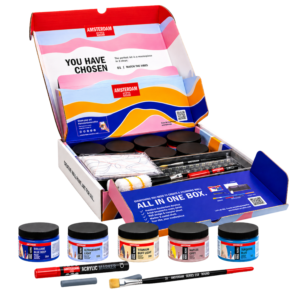 Amsterdam art supply set with paint jars, brushes, and markers on a transparent background