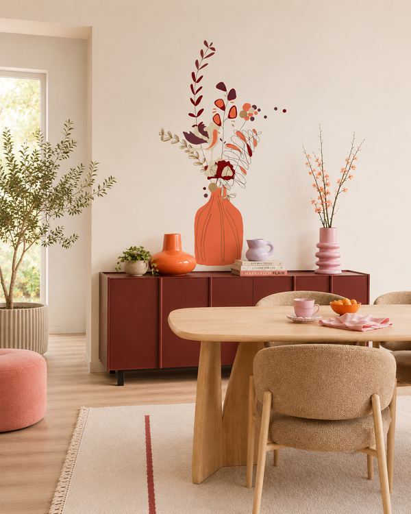 Modern living room with a stunning mural, wooden dining table, chairs, and decorative vases.