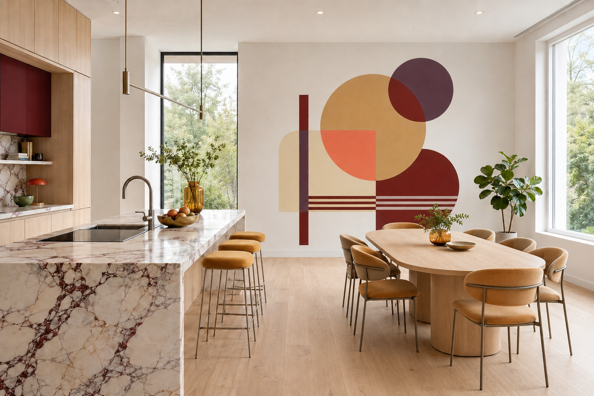 A modern kitchen and dining room interior with a large abstract geometric wall mural on the back wall. The mural features overlapping circles and arcs in tan, rust orange, burgundy, and dark plum.